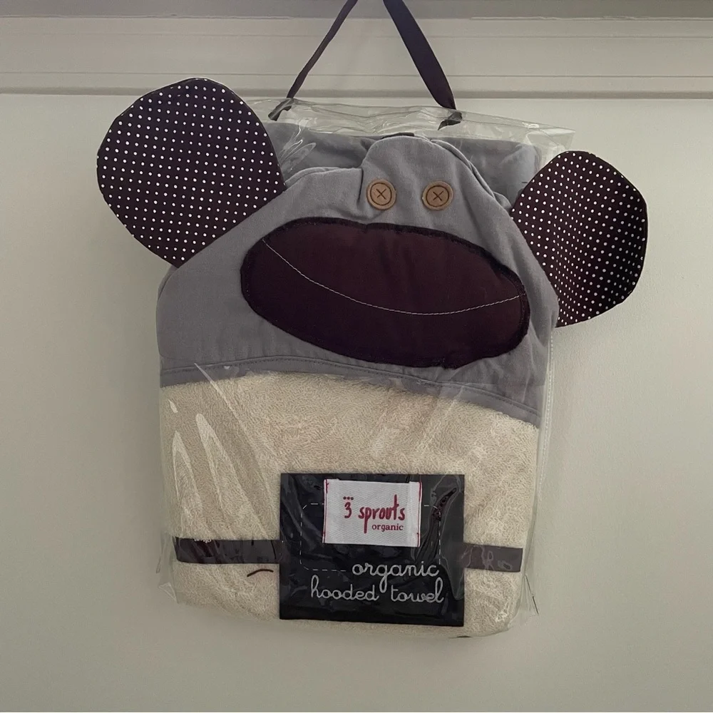 NWT - 3 Sprouts Organic Hooded Gray Monkey Towel Size 31”x31”
